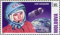 2001 stamp of Moldova shows Yuri Gagarin, the first human in space.