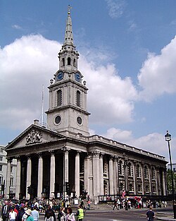 The exterior outlines of St Martin-in-the-Fields (London, 1720), tall front steeple above pitched roof and rectangle, popularized a template for many church buildings in North America and beyond