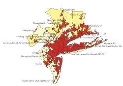 Urban areas within the New York City combined statistical area as of the 2020 census. At the core of the New York combined statistical area (CSA) lies the New York–Jersey City–Newark, NY–NJ urban area, the largest in the United States by both area and population. Within the boundaries of the CSA the Census Bureau defines 32 other urban areas as well, some forming the core of their own metropolitan areas not within the New York metropolitan statistical area.[113] Urban areas situated primarily outside the New York metropolitan statistical area but within the CSA are identified with a cross (†). Urban areas Counties in the New York MSA Counties in the New York CSA but not the MSA