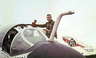 Denton with his A-6 Intruder onboard USS Independence (CV-62)