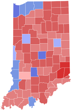 Results of the 2016 Indiana gubernatorial election; Holcomb won the counties in red.