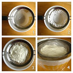 A coffee filter used to strain yogurt in a home refrigerator