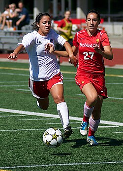 Stanislaus State (in red) v Simon Fraser, women's soccer match, 2012