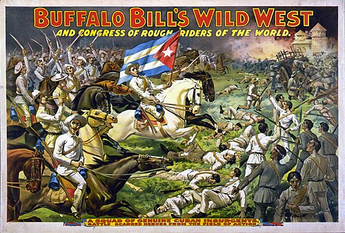 Poster showing Buffalo Bill's Wild West and Congress of Rough Riders of the World battling Cuban insurgents, c. 1898