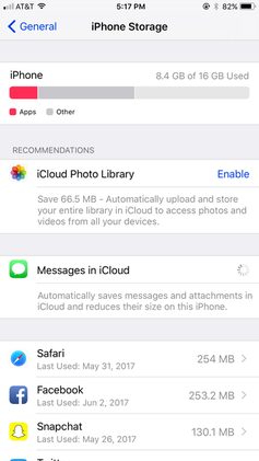 Storage settings on an iPhone 6S Plus, showing personalized recommendations
