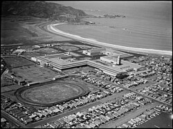 Aerial view of Rongotai in 1939 showing the exhibition buildings