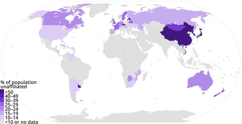 Nonreligious population by country, in 2010[43]