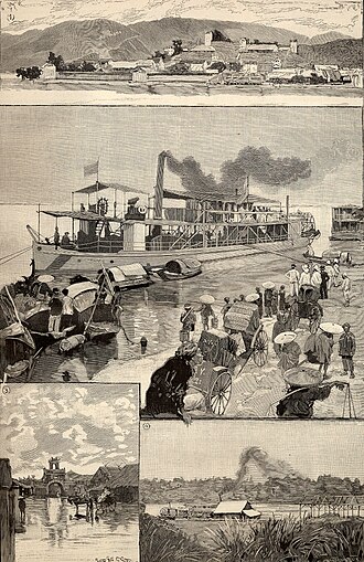 French colonies in 1891 (from Le Monde illustré) 1. Panorama of Lac-Kaï, French outpost in China 2. Yun-nan, in the quay of Hanoi 3. Flooded street of Hanoi 4. Landing stage of Hanoi
