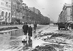 In besieged Leningrad. "Hitler ordered that Moscow and Leningrad were to be razed to the ground; their inhabitants were to be annihilated or driven out by starvation. These intentions were part of the 'General Plan East'." – The Oxford Companion to World War II[176]