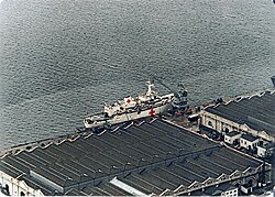 Hecla at HM Naval Base Gibraltar, during conversion to a hospital ship for service during the Falklands War