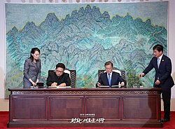 Kim and Moon signing the Panmunjom Declaration