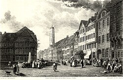Market Place and Weender Strasse at Göttingen. Drawing by Robert Batty, engraved in 1828 by W. R. Smith