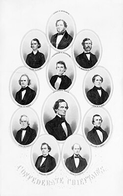 Pro-slavery activists Judah P. Benjamin, Henry A. Wise, R. Barnwell Rhett Jr., Alexander H. Stephens, James M. Mason, Jefferson Davis, John B. Floyd, John Slidell, William L. Yancey, Robert Toombs, and Isham G. Harris ("Confederate chieftains" engraving by J.C. Buttre, 1864)