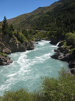 Kawarau Gorge, where Roaring Meg joins the Kawarau River, in central Otago