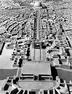 Plans for Berlin called for the Volkshalle (People's Hall) and a triumphal arch to be built at either end of a wide boulevard.