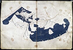 A mid-15th century map based on Ptolemy's manuscript Geography. Serica and Sina are marked as separate countries (top right and right respectively).