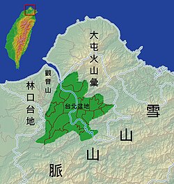 Taipei basin is shown in the map in dark green. The blue lines indicate administrative boundaries.