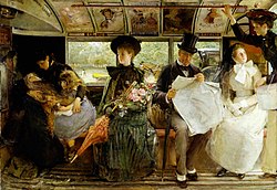 George William Joy's depiction of the interior of a late 19th century omnibus conspicuously shows the advertisements placed overhead.