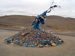 A Mongolian ceremonial cairn (ovoo)