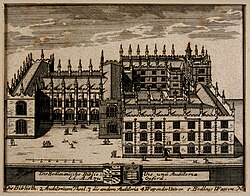 Engraving of the Bodleian showing Sir Thomas's arms alongside the arms of the university