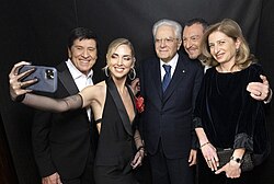 Mattarella taking a selfie with Gianni Morandi, Chiara Ferragni, Amadeus, and his daughter Laura, before Sanremo Music Festival 2023