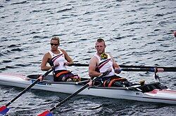 Oksana Masters & Rob Jones of the US in the mixed sculls (TA 2x) final at the Paralympics, London 2012. The rowers are fixed to the seat.