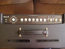 A modeling amplifier, shown from above. Note the various amplifier and speaker emulations selectable via the rotary knob on the left.