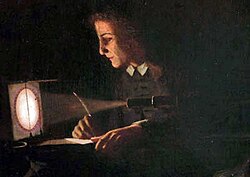 Jeremiah Horrocks makes the first observation of the transit of Venus in 1639, as imagined by the artist W. R. Lavender in 1903.