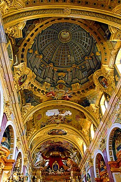 Fresco with trompe l'œil dome painted on low vaulting, Jesuit Church, Vienna, Austria, by Andrea Pozzo, 1703