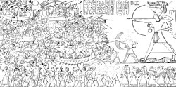 Sea Peoples in their ships during the battle with the Egyptians. Relief from the mortuary temple of Ramesses III at Medinet Habu