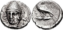 Coinage of Thessaly, possibly king Hellokrates, with portrait of Aleuas. Obv: head of Aleuas facing slightly left, wearing conical helmet, ALEU to right; labrys behind. Rev: Eagle standing right, head left, on thunderbolt; ELLA to left, LARISAYA to right. Thessaly, Larissa. c. 370–360 BC.