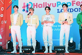 From left to right: Moonbin, Jinjin, Rocky, and Sanha at the HallyuPopFest 2022 in London