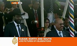Omar al-Bashir (right), President of Sudan, watches a ceremony celebrating the founding of South Sudan with Kiir in 2011.