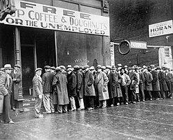 Unemployed men outside a soup kitchen in Depression-era Chicago, Illinois, United States, 1931