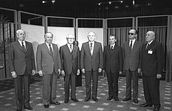 Warsaw Pact leaders in 1987 from left to right: Husák of Czechoslovakia, Zhivkov of Bulgaria, Honecker of East Germany, Gorbachev of the Soviet Union, Ceaușescu, Jaruzelski of Poland, and Kádár of Hungary