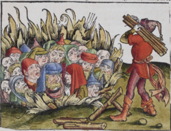 A colored woodcut in Liber Chronicarum (1493) depicts Jews being burned alive in Deggendorf, 1338.