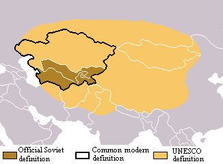 Three sets of possible boundaries for the Central Asia region (which overlap with conceptions of South and East Asia).