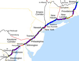 Sections owned by Amtrak are in red; sections with commuter service are highlighted in blue.