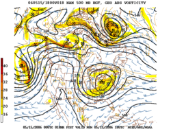 An example of 500 mbar geopotential height and absolute vorticity prediction from a numerical weather prediction model