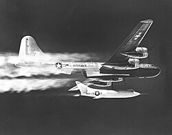 A Douglas D-558-2 Skyrocket being dropped from a B-29 Superfortress.