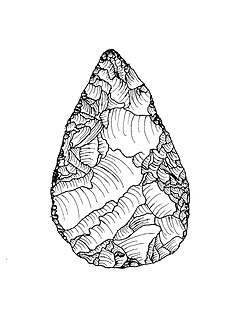 This is a drawing of a replica of an Acheulean hand-axe found during the Lower Paleolithic period. The tool in this drawing is made of black obsidian and is worked on both sides.