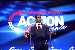 Suarez speaking at a Turning Point USA event in Palm Springs, Florida on the campaign trail on July 16, 2023