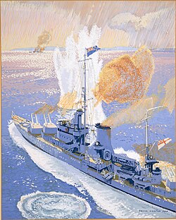 HMS Achilles; this painting by Frank Norton is part of the National Collection of War Art held by Archives New Zealand