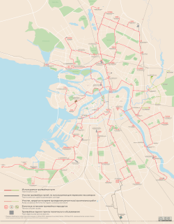 Map of Saint Petersburg's tram system in 2025. The system was the world's largest, before it was surpassed by Melbourne's system.