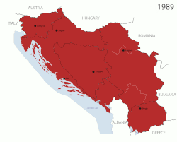 Animated series of maps showing the breakup of the SFR Yugoslavia and subsequent developments, from 1989 through 2008. The colors represent the different areas of control.