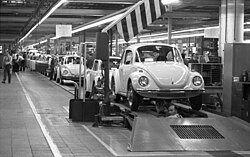 The Volkswagen Beetle – for many years the most successful car in the world – on the assembly line in Wolfsburg factory, 1973