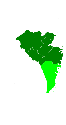 The counties of Central Jersey highlighted in green: Middlesex, Monmouth, Mercer, Somerset, and Hunterdon; Union and Ocean counties are sometimes also included within the region's geographic parameters.