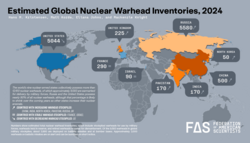 The number of nuclear warheads by country in 2024, based on an estimation by the Federation of American Scientists