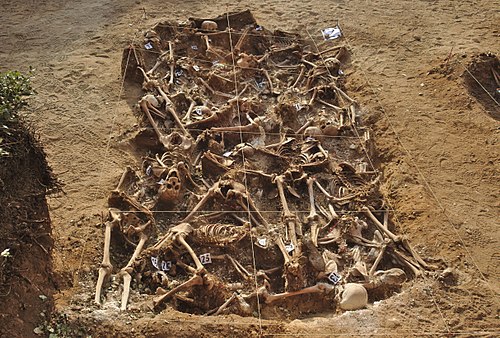 A mass grave at the small town of Estépar, in Burgos, northern Spain. It contains the remains of twenty-six republicans who were executed early in the Spanish Civil War, between August and September 1936, by fascists who belonged to Franco's Nationalists. It was excavated in July and August 2014.