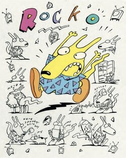 A concept artwork of Rocko in his early design. The prominent colored Rocko runs scared alongside nine other sketches of the character, one of them including Spunky.